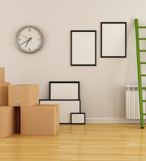 Räumung & Haushaltsauflösung home interior with cardboard boxes ladder and empty frame-rendering